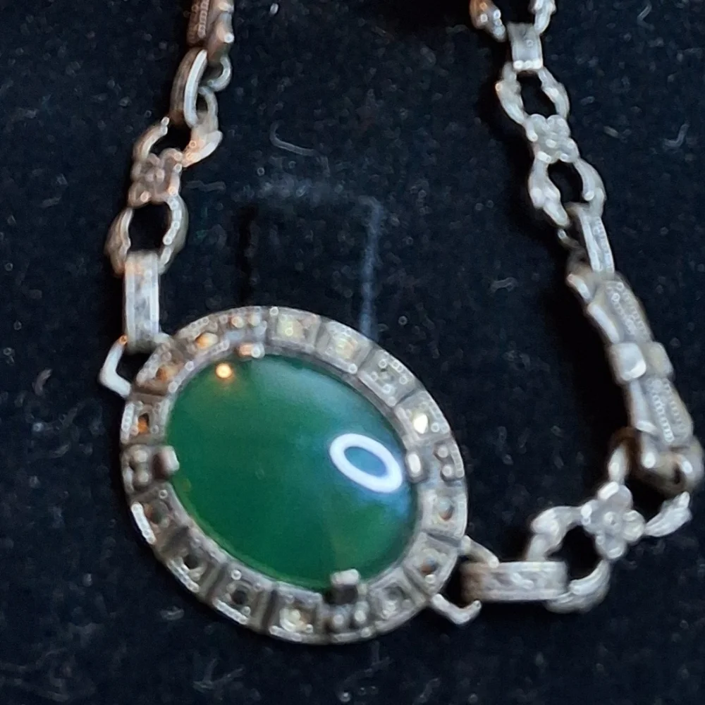 Vintage Art Deco Sterling Marcasite Green Chalcedony Bracelet Oval Cabochon - Picture 4 of 8
